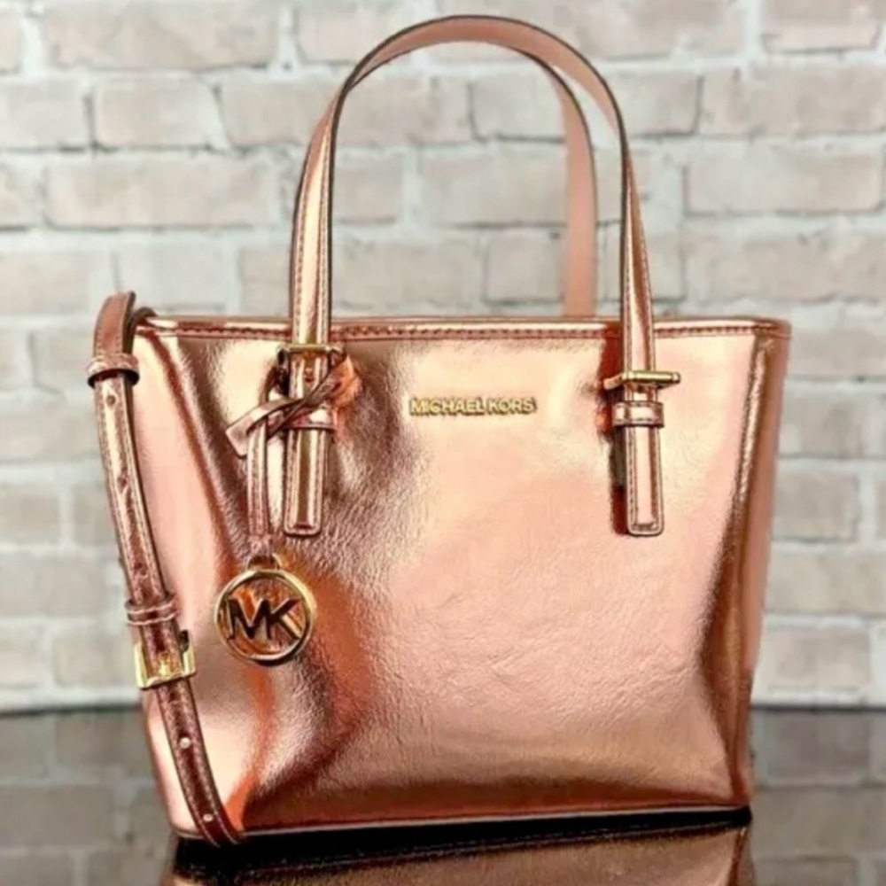MICHAEL KORS JET SET TRAVEL SATCHEL CROSSBODY BAG METALLIC ROSE COLOR NWT